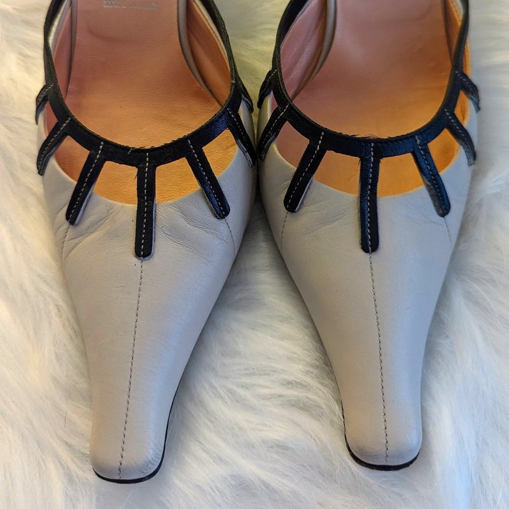 Vintage Prada Vero Cuoio Kitten Heel Leather Mule Bone and black leather size 38